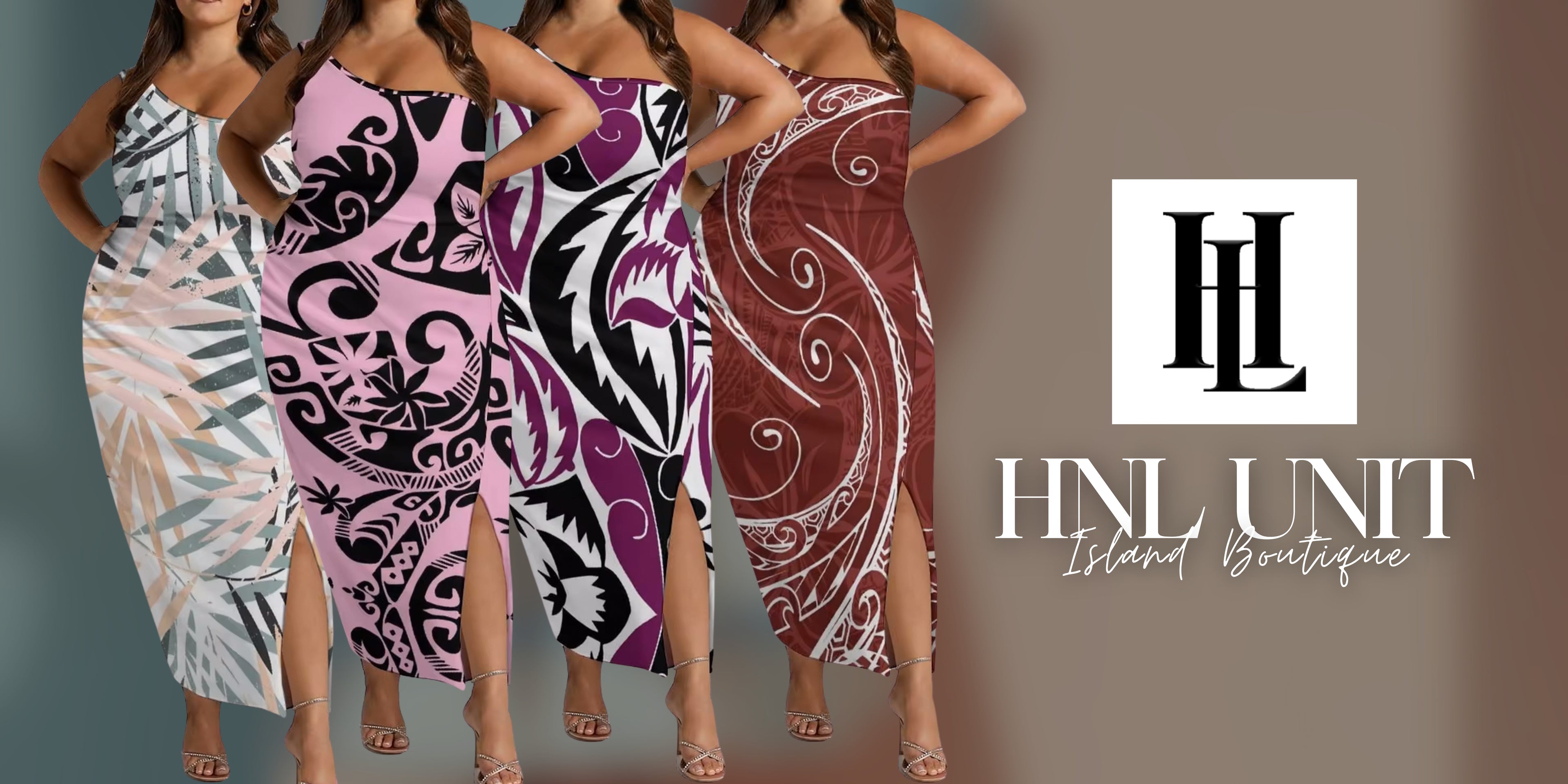 Four women wearing patterned dresses with HNL Unit Island Boutique logo.