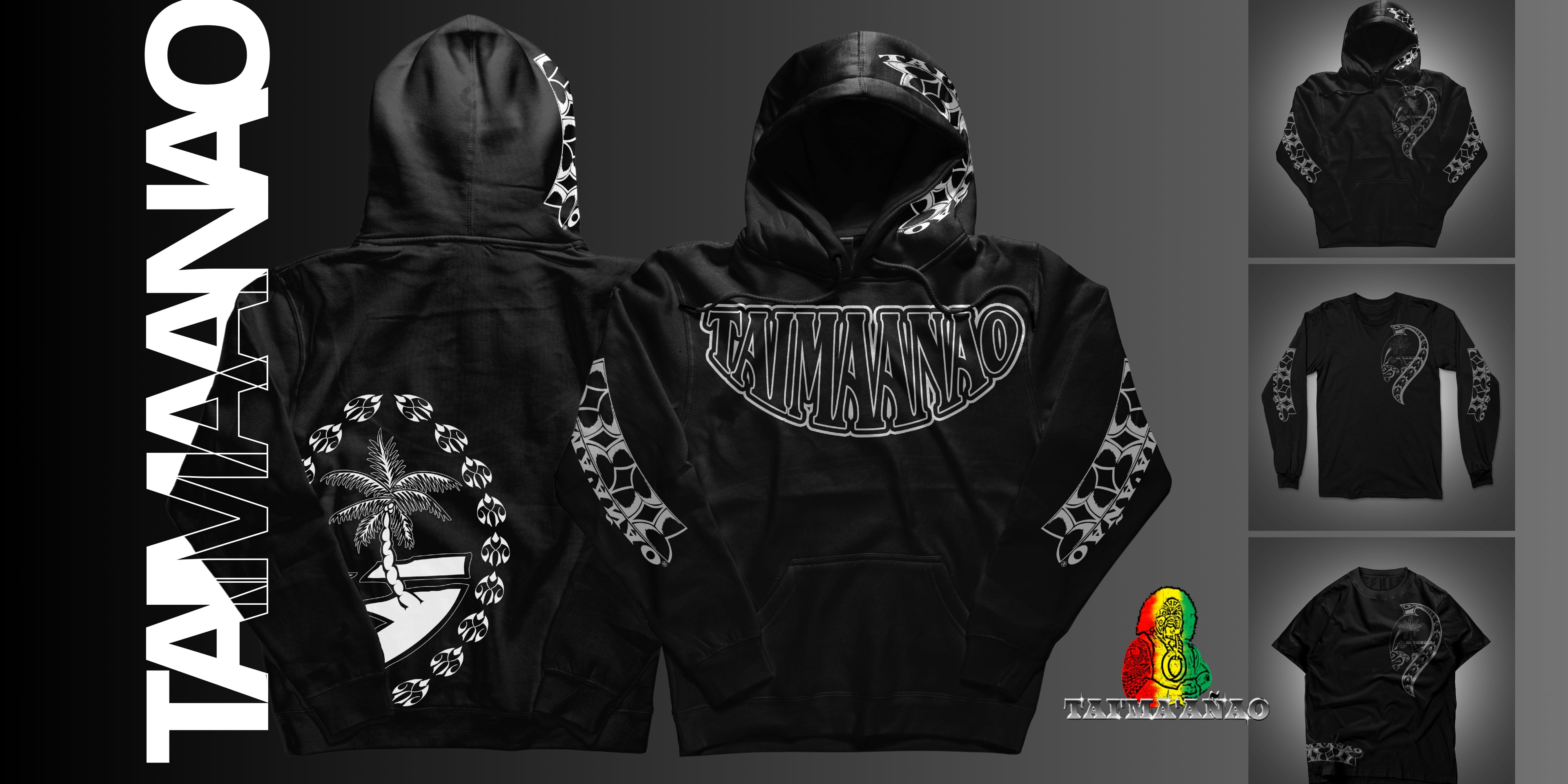 Black hoodie with Taimaanao branding and designs on a gray background