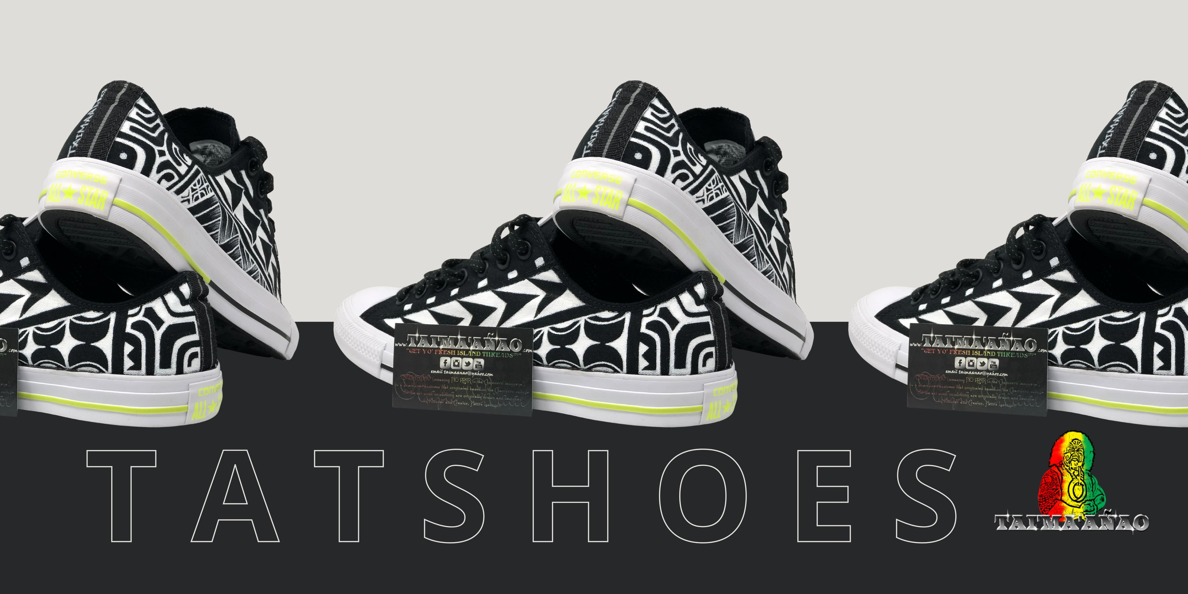 Black and white patterned shoes with yellow accents on a gray background, featuring the brand 'Tatshoes'.